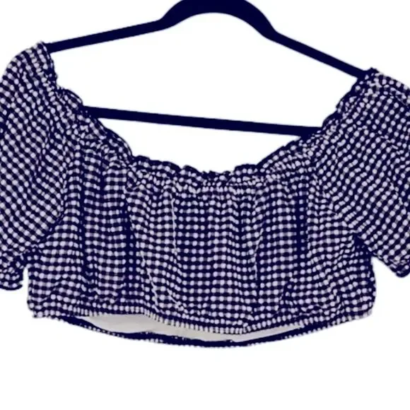 Kate Spade Black White Off-The-Shoulder Check-Print Bikini Top Size S swimsuit